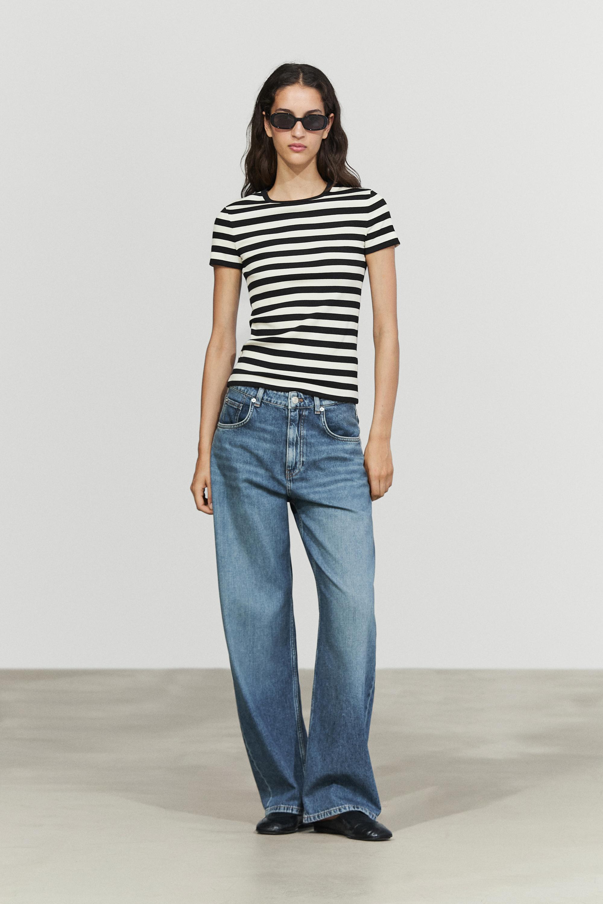 Short sleeve striped cotton blend T-shirt